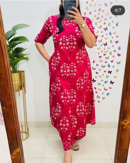 Pink Premium Cotton Co-Ord Kurta Plazo Set For Women
