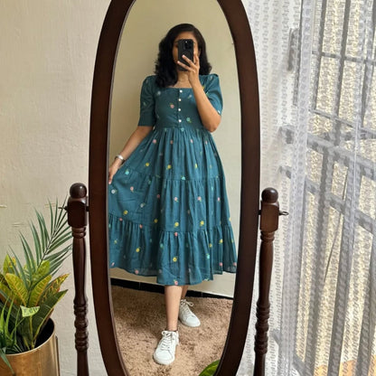 Teal Green Puff Sleeves Midi Dress Set
