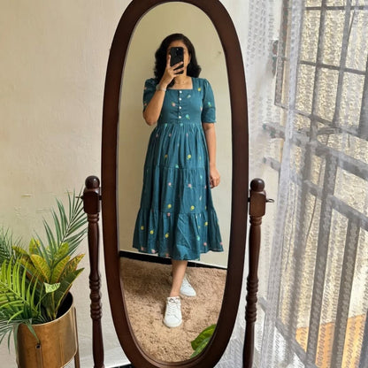 Teal Green Puff Sleeves Midi Dress Set