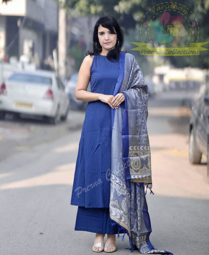 Pure Handloom A-Line Kurti With Functional Pockets On Both Sides Blue