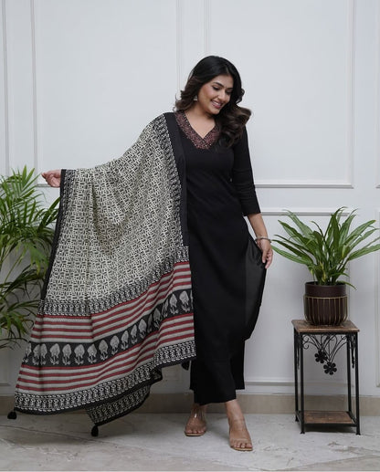 Pure Black Cotton Slub Suit Set
