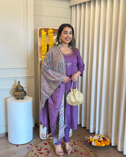 Purple Cotton Suit With Mirror Work