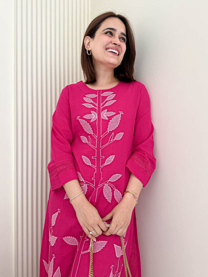 Rose Dust Cotton Kurti Pant Co-ord Set with Embroidery