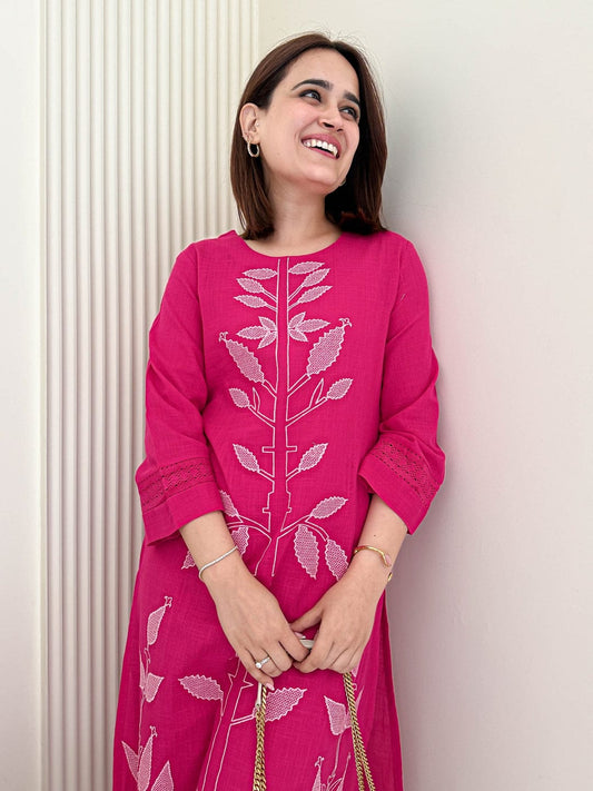 Rose Dust Cotton Kurti Pant Co-ord Set with Embroidery