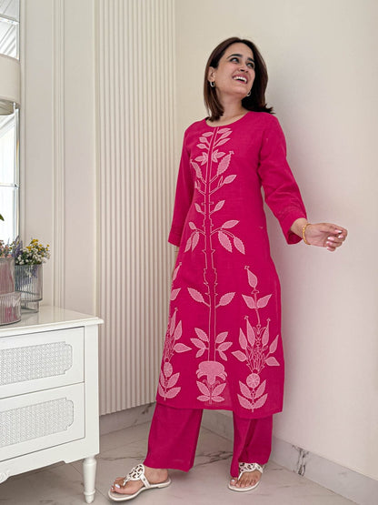 Rose Dust Cotton Kurti Pant Co-Ord Set With Embroidery