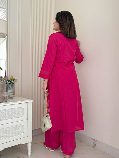 Rose Dust Cotton Kurti Pant Co-Ord Set With Embroidery