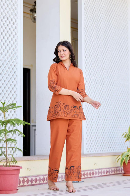 Rust Orange Printed Cotton Kurta Pants Set for Women