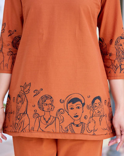 Rust Orange Printed Cotton Kurta Pants Set For Women