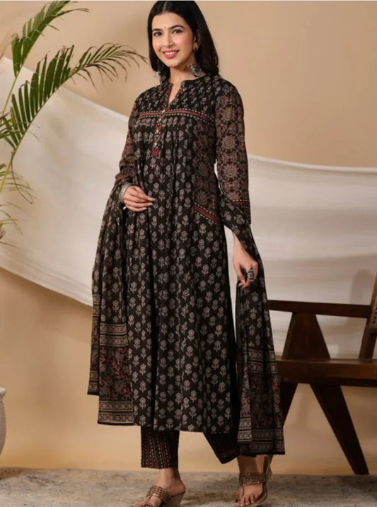 Black Premium Kurta With Pant Dupatta Set