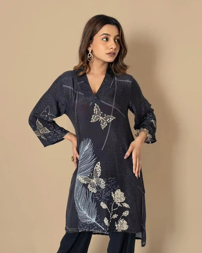 Floral Printed Cotton Silk Regular Tunic With Trousers