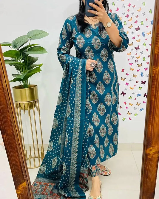 Aerial Blue & Wine Cotton Straight Kurta Set