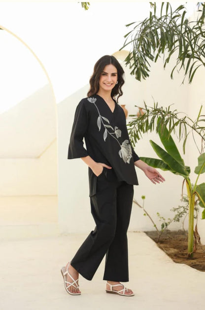 Stylish Up-Down Cotton Kurta Set | Floral Embroidery | Palazzo With Pockets
