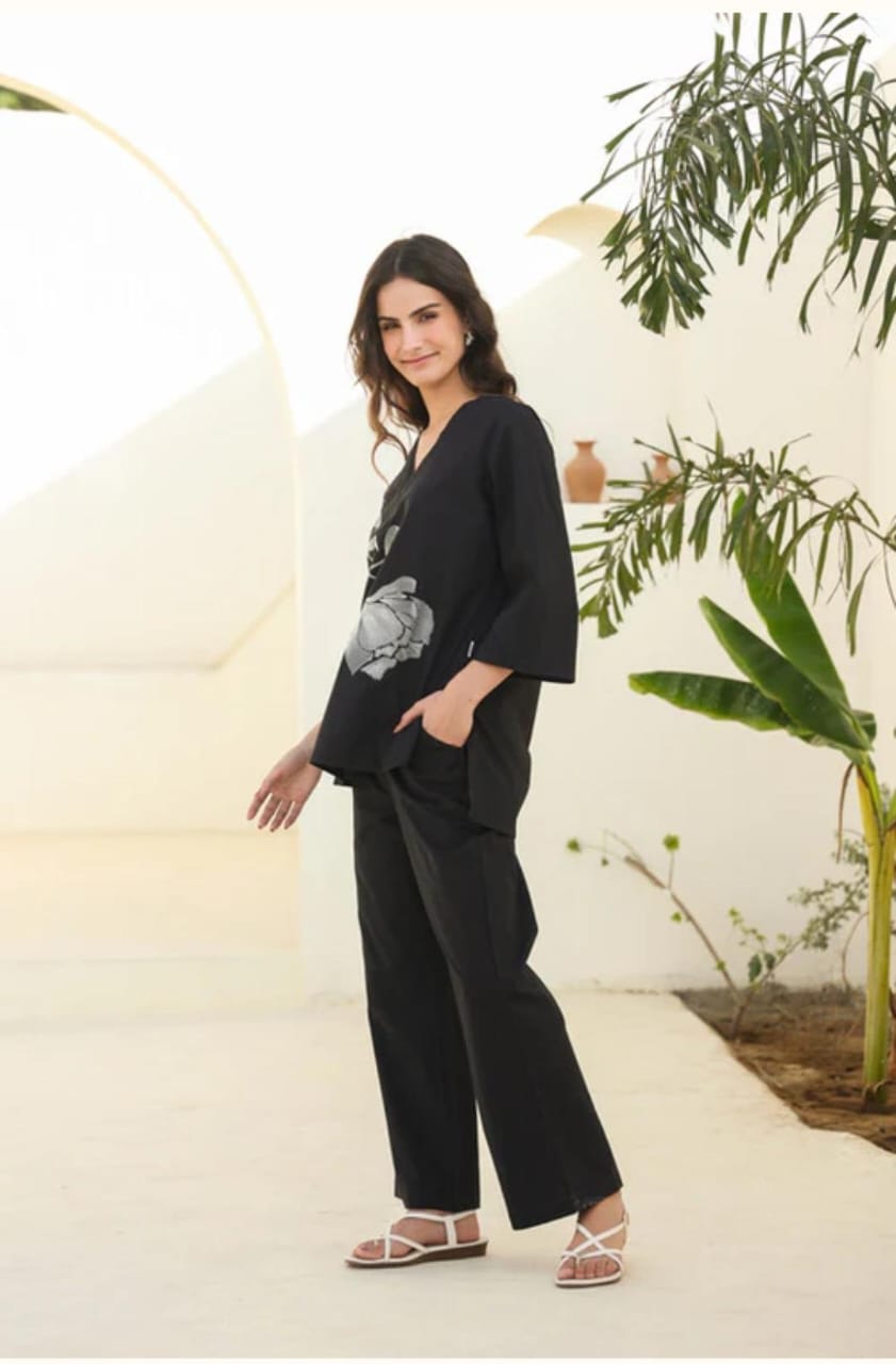 Stylish Up-Down Cotton Kurta Set | Floral Embroidery | Palazzo With Pockets