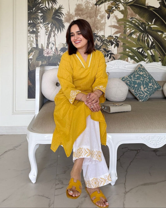 Sunset Stroll Premium Cotton Embroidered Kurti Palazzo Co-Ord Set
