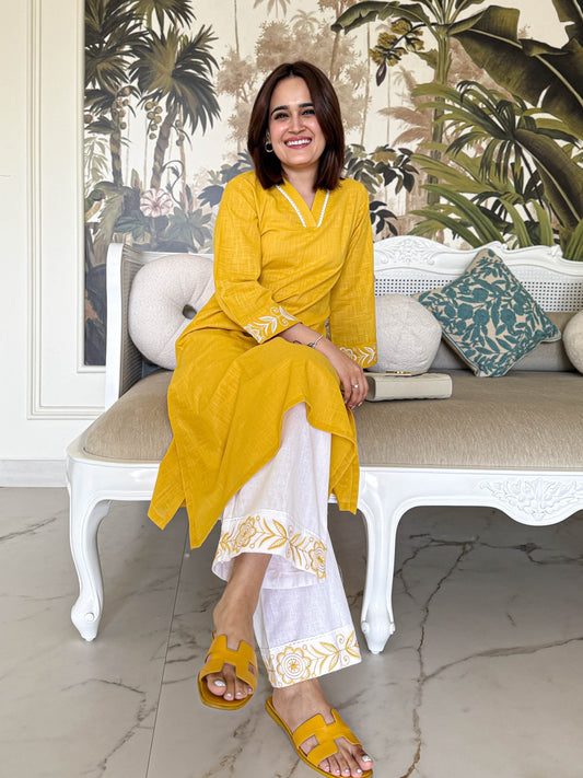 Sunset Stroll Premium Cotton Embroidered Kurti Palazzo Co-ord Set