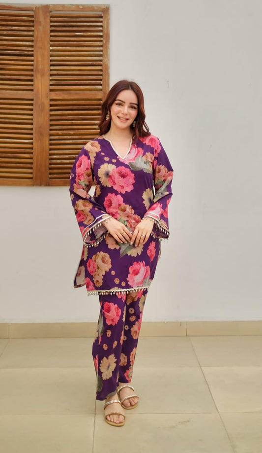 Trending Purple Mul Cotton Kurti Pant Co-ord Set with Lace Detailing