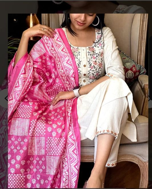 Cream Khadi Cotton Kurti Set With Dupatta For Women