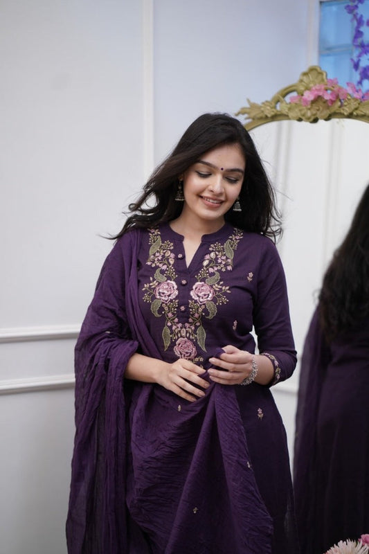Pure Cotton Purple Embroidery Work Suit Set