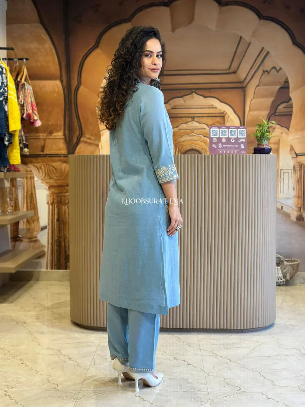 Libas India Elegant Sky Blue Embroidered Cotton Kurta Set