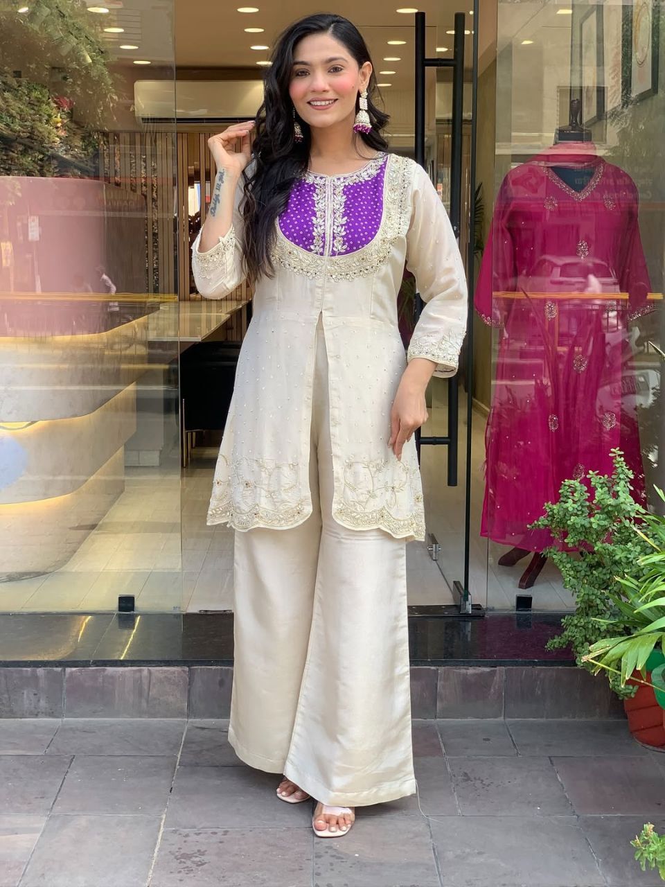 Cream Party Wear Pearl Embroidery Work Readymade Plazzo Suit