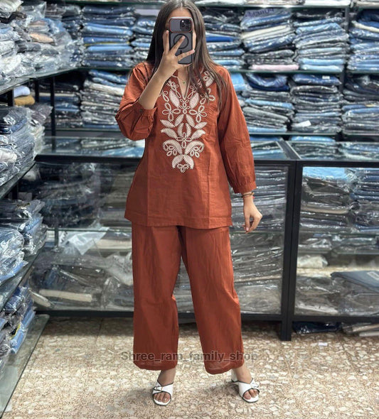 Rust Green Floral Embroidered Co-ord Set – 100% Premium Cotton
