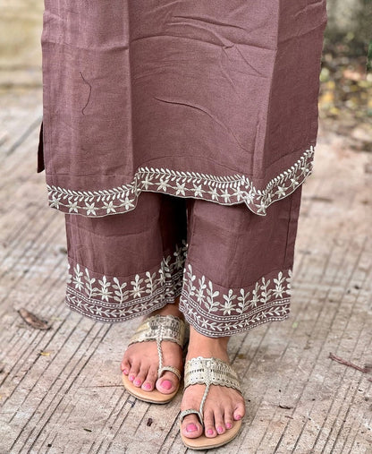 Brown Cotton Embroidery Straight Fit Suit Set
