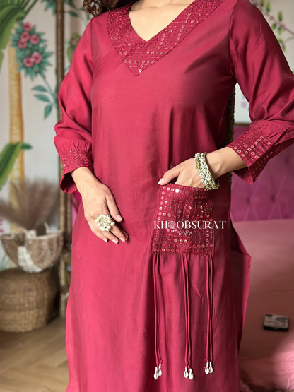 Geometric Embroidered Sequinned Cotton Silk A-Line Kurta With Trousers