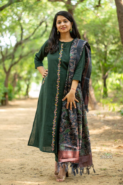 Green Elegant 3-Piece A-Line Suit Set With Handloom Cotton And Khadi Silk Dupatta