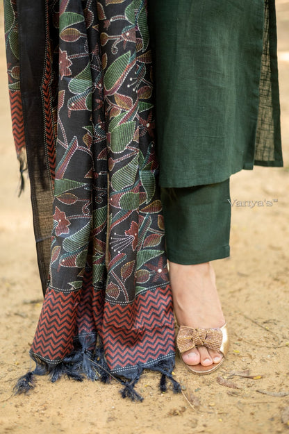 Green Elegant 3-Piece A-Line Suit Set With Handloom Cotton And Khadi Silk Dupatta