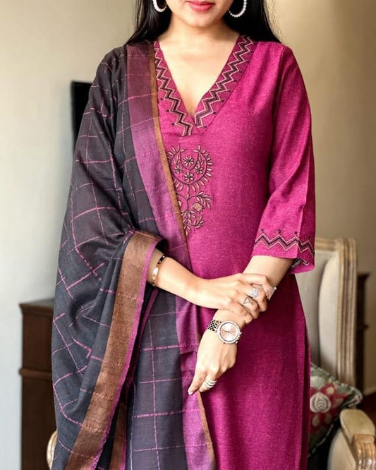 Wine Khadi Cotton Kurti Set  With Linen Dupatta  For Women